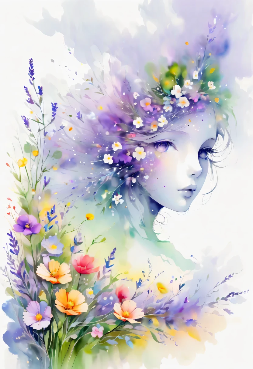 This watercolor flower painting presents an elegant and fresh visual effect。Wildflower and lavender fields，Forming the perfect combination of nature and romance。The screen is dominated by a white background，Highlight isolated watercolor flower。Splash technology recreates wet conditions，The atmosphere seems vague and dreamy。Unique composition and abstract expression add to the artistic feel of the picture，Contains elements of surrealism。The overall color tone is mainly light tones，Lilac and green complement each other beautifully，Show high-resolution details。The splash-ink effect adds a touch of agility to the picture，The light color gives the flowers a deep and restrained beauty.。