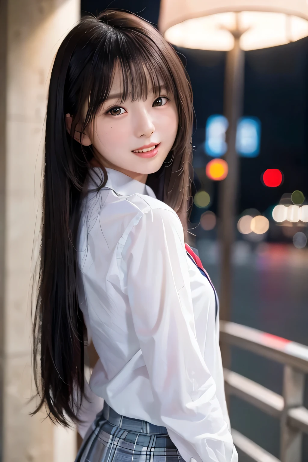 (masterpiece), highest quality, ultra high resolution, head shot, 1 girl,school uniform, black hair、crazy long hair、, laughter, night,, colorful lights, photon mapping, , Physically based rendering, cinematic lighting, Complex, high detail, sharp focus, dramatic, realistic 、look back、With a round face、slim、flat body、cute、embarrassed look、face turns red