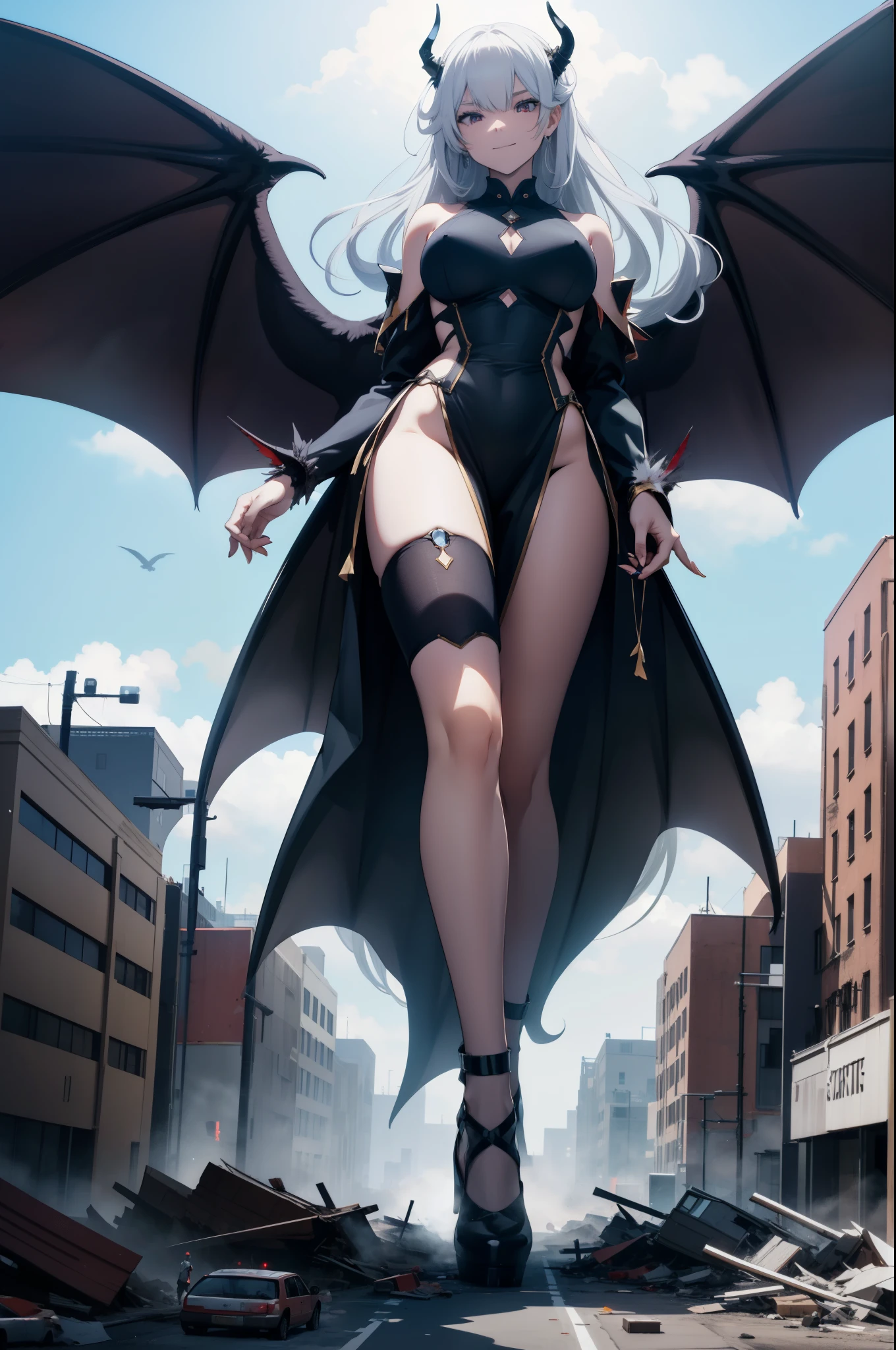 Aerial View，Giant girl 50,000 feet tall，Have a pair of long legs，Possessing a pair of huge demon wings，Has white waist-length hair，Loose hair，Wearing a pair of Mary Jane shoes，white curly hair，A look of enjoyment，Standing tall on a destroyed city，Beautiful appearance，Exquisite makeup，quality，8k，high quality，(governor:1.5)，perfect proportions, Cinema lighting，film grain，Fuji colors，8k，textured skin，Super details，high detail，high quality，high resolution，explode，fake smile，black stockings，blood stains，脚底有blood stains