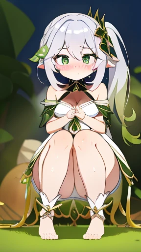 masterpiece、best quality、Exquisite、High resolution、extremely delicate and beautiful、(gray hair)、close up shot、(green eyes)、(sweaty)、red face、cleavage、off shoulder attire,full body photo,perfect body,woman stinks、fart、shyness、blush、Gas comes out of the butt