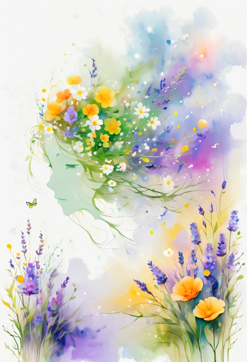 This watercolor flower painting presents an elegant and fresh visual effect。Wildflower and lavender fields，Forming the perfect combination of nature and romance。The screen is dominated by a white background，Highlight isolated watercolor flower。Splash technology recreates wet conditions，The atmosphere seems vague and dreamy。Unique composition and abstract expression add to the artistic feel of the picture，Contains elements of surrealism。The overall color tone is mainly light tones，Lilac and green complement each other beautifully，Show high-resolution details。The splash-ink effect adds a touch of agility to the picture，The light color gives the flowers a deep and restrained beauty.。