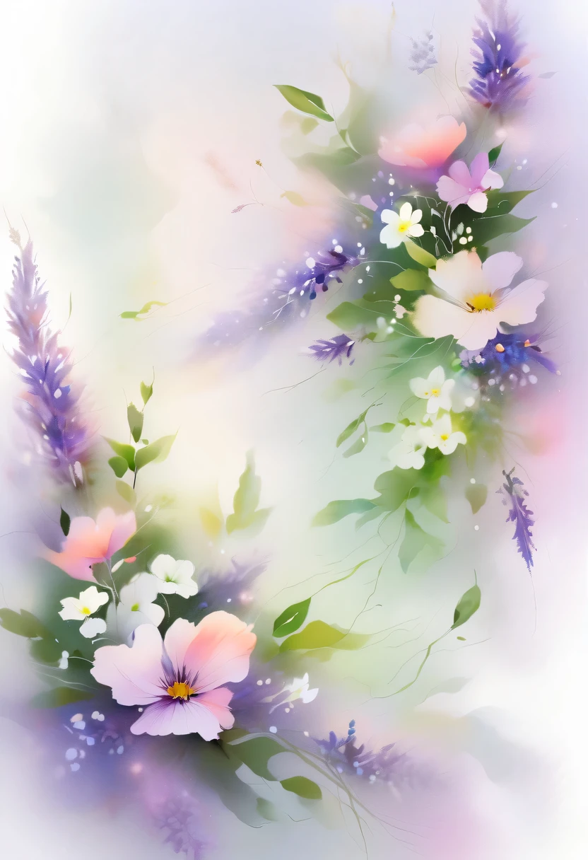 This watercolor flower painting presents an elegant and fresh visual effect。Wildflower and lavender fields,Forming the perfect combination of nature and romance。The screen is dominated by a white background,Highlight isolated watercolor flower。Splash technology recreates wet conditions,The atmosphere seems vague and dreamy。Unique composition and abstract expression add to the artistic feel of the picture,Contains elements of surrealism。The overall color tone is mainly light tones,Lilac and green complement each other beautifully,Show high-resolution details。The splash-ink effect adds a touch of agility to the picture,The light color gives the flowers a deep and restrained beauty.。