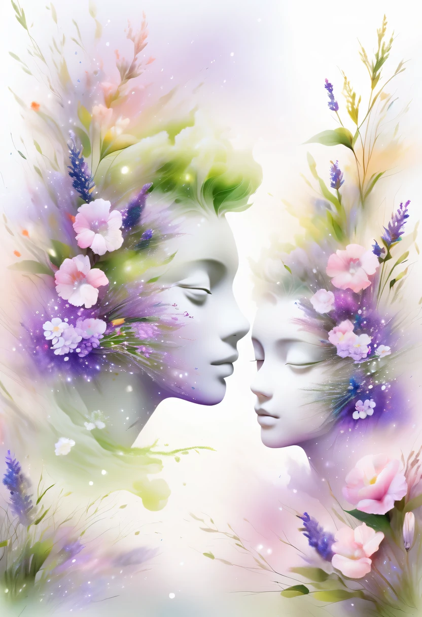 This watercolor flower painting presents an elegant and fresh visual effect。Wildflower and lavender fields，Forming the perfect combination of nature and romance。The screen is dominated by a white background，Highlight isolated watercolor flower。Splash technology recreates wet conditions，The atmosphere seems vague and dreamy。Unique composition and abstract expression add to the artistic feel of the picture，Contains elements of surrealism。The overall color tone is mainly light tones，Lilac and green complement each other beautifully，Show high-resolution details。The splash-ink effect adds a touch of agility to the picture，The light color gives the flowers a deep and restrained beauty.。