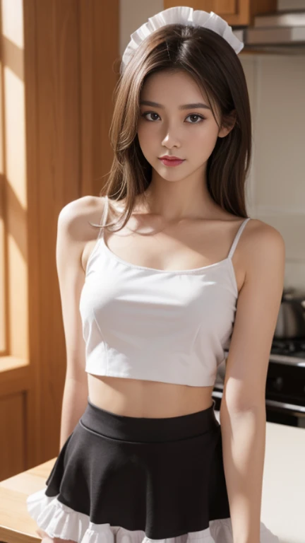 ((Realistic lighting, Best quality, 8K, Masterpiece: 1.3)), ((flat chest)), camisole,,Clear focus: 1.2, 1girl, Perfect Figure: 1.4, ((Dark brown hair)), (crop top maid costume: 1.4), (hand on table and bend slightly), kitchen, Super fine face, Fine eyes, Double eyelids, (half body)