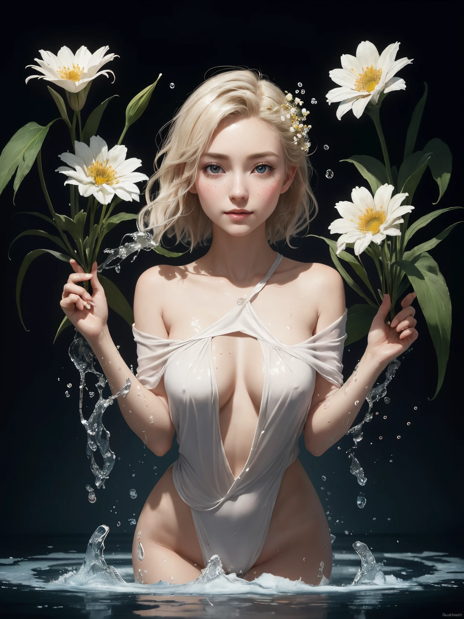 1girl, blonde hair, (looking at viewer:1.2), bare shoulders, detailed face, flowers, bloom, carillon, buckwheat, chamomile, lily of the valley, gerbera, eucalyptus, water color painting, abstract, surrealistic, light tone, light gold color scheme, high resolution, super details, ink splash, shimmering water, vibrant, mesmerizing ripples, elephant, dreamlike, liquid fantasy delight, frozen water burst,