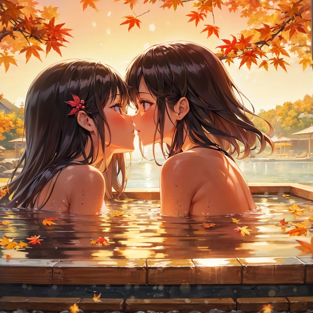 (yuri:1.2), (lesbian:1.2), (2 girls:1.2),  (imminent kiss:1.2), (hug:1.2), Japanimation, eroge, 35 mm, Incredibly hyper-detailed and intricately realistic, full body character, Beautiful, female, Perfect, Long black Hair, Black eyes, Detailed face, Onsen background, Cover art, zoomout, hyper detailed painting, luminism, Bar lighting, with an intricate, 4k resolution concept art portrait, extremely high level illustration, 16k, extremely high level illustration, absurd resolution, absurd detailed, soft and warm lighting, (((masterpiece))), best quality, extremely detailed, Japanese scene, Japanese composition, fantasy lighting, beautiful detailed glow, perspective, depth of field, proportion, blurry background, bokeh, sharp focus, depth and dimension,  onsen, hot spa, fallen leaves, autumn leaves, outdoor bath, sunset