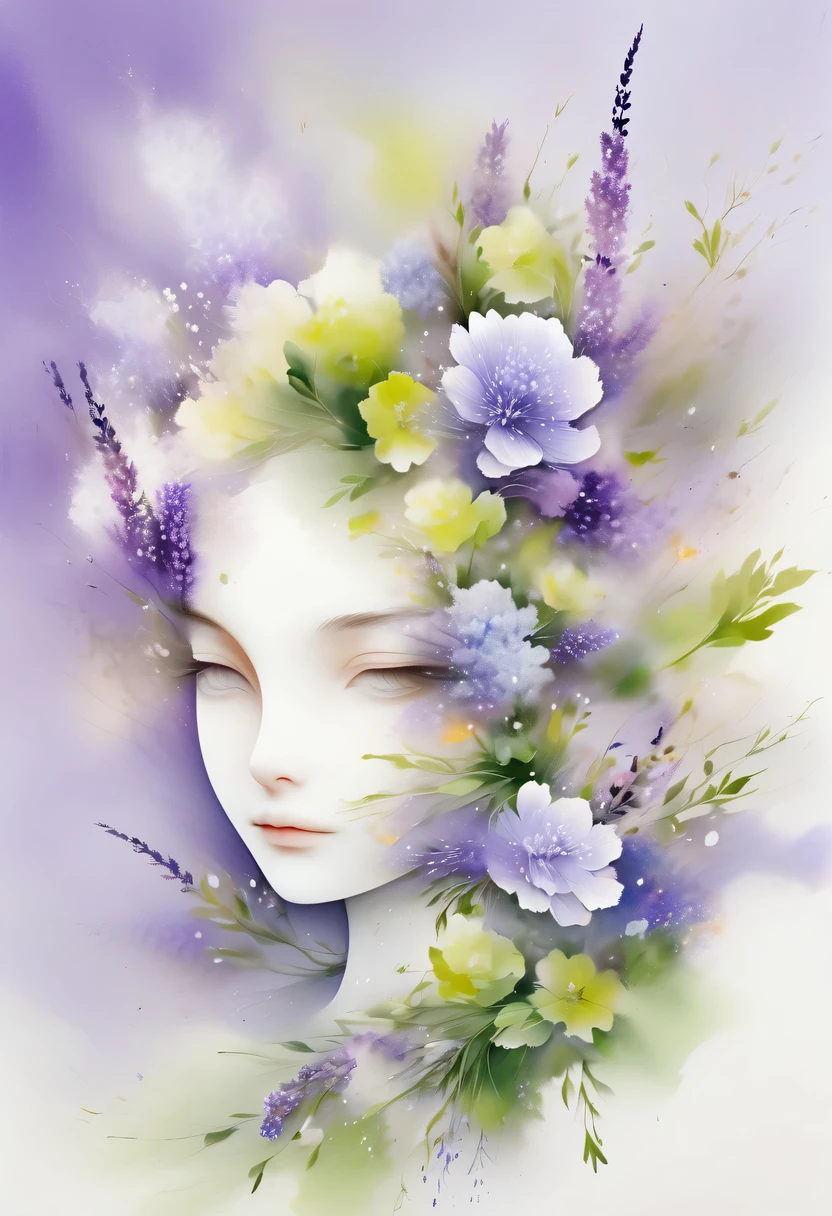 This watercolor flower painting presents an elegant and fresh visual effect。Wildflower and lavender fields,Forming the perfect combination of nature and romance。The screen is dominated by a white background,Highlight isolated watercolor flower。Splash technology recreates wet conditions,The atmosphere seems vague and dreamy。Unique composition and abstract expression add to the artistic feel of the picture,Contains elements of surrealism。The overall color tone is mainly light tones,Lilac and green complement each other beautifully,Show high-resolution details。The splash-ink effect adds a touch of agility to the picture,The light color gives the flowers a deep and restrained beauty.。