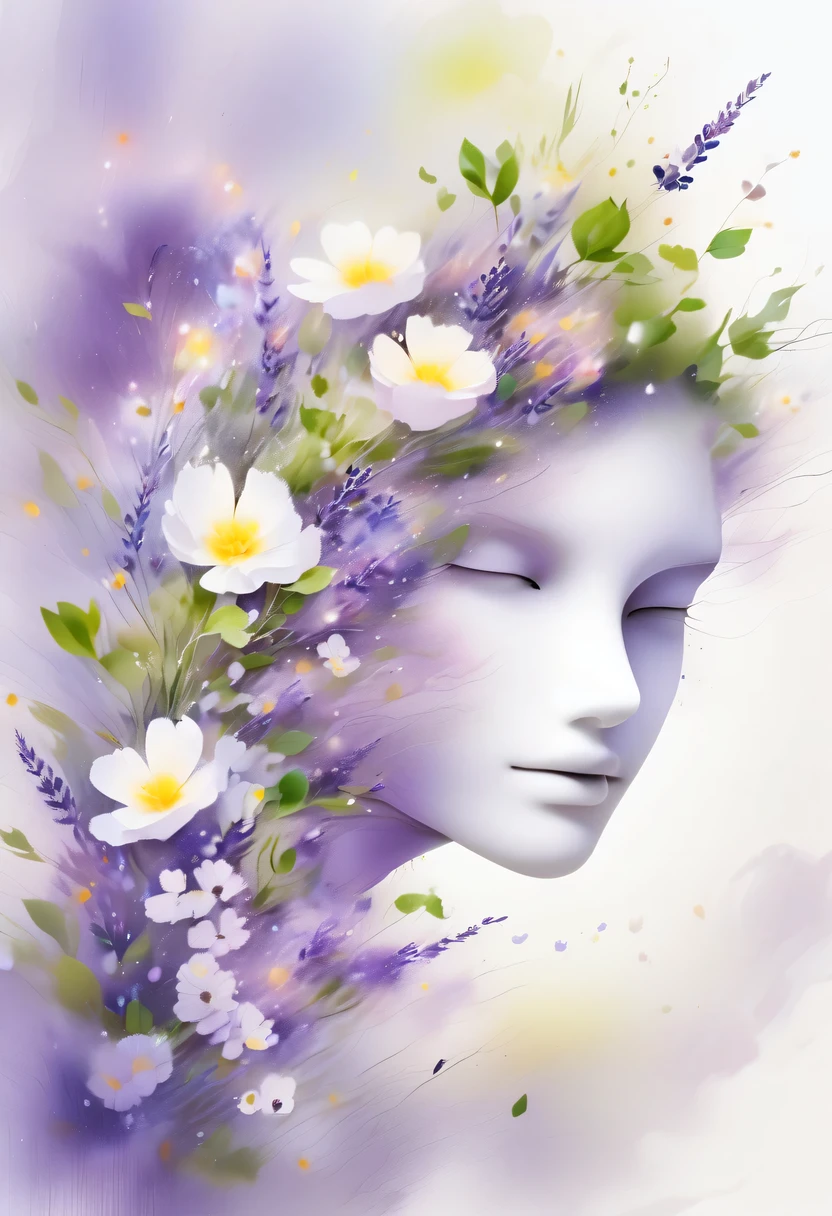 This watercolor flower painting presents an elegant and fresh visual effect。Wildflower and lavender fields,Forming the perfect combination of nature and romance。The screen is dominated by a white background,Highlight isolated watercolor flower。Splash technology recreates wet conditions,The atmosphere seems vague and dreamy。Unique composition and abstract expression add to the artistic feel of the picture,Contains elements of surrealism。The overall color tone is mainly light tones,Lilac and green complement each other beautifully,Show high-resolution details。The splash-ink effect adds a touch of agility to the picture,The light color gives the flowers a deep and restrained beauty.。