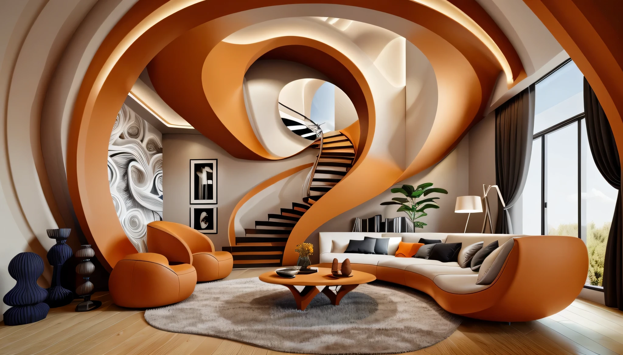 best quality, masterpiece, LIVING ROOM Interior design, 1000k, minimalist style:1.2, (orange /WIGHT tone:1.2),Modern living room interior design with abstract wooden vaulted ceiling and walls with ai-shaped curves