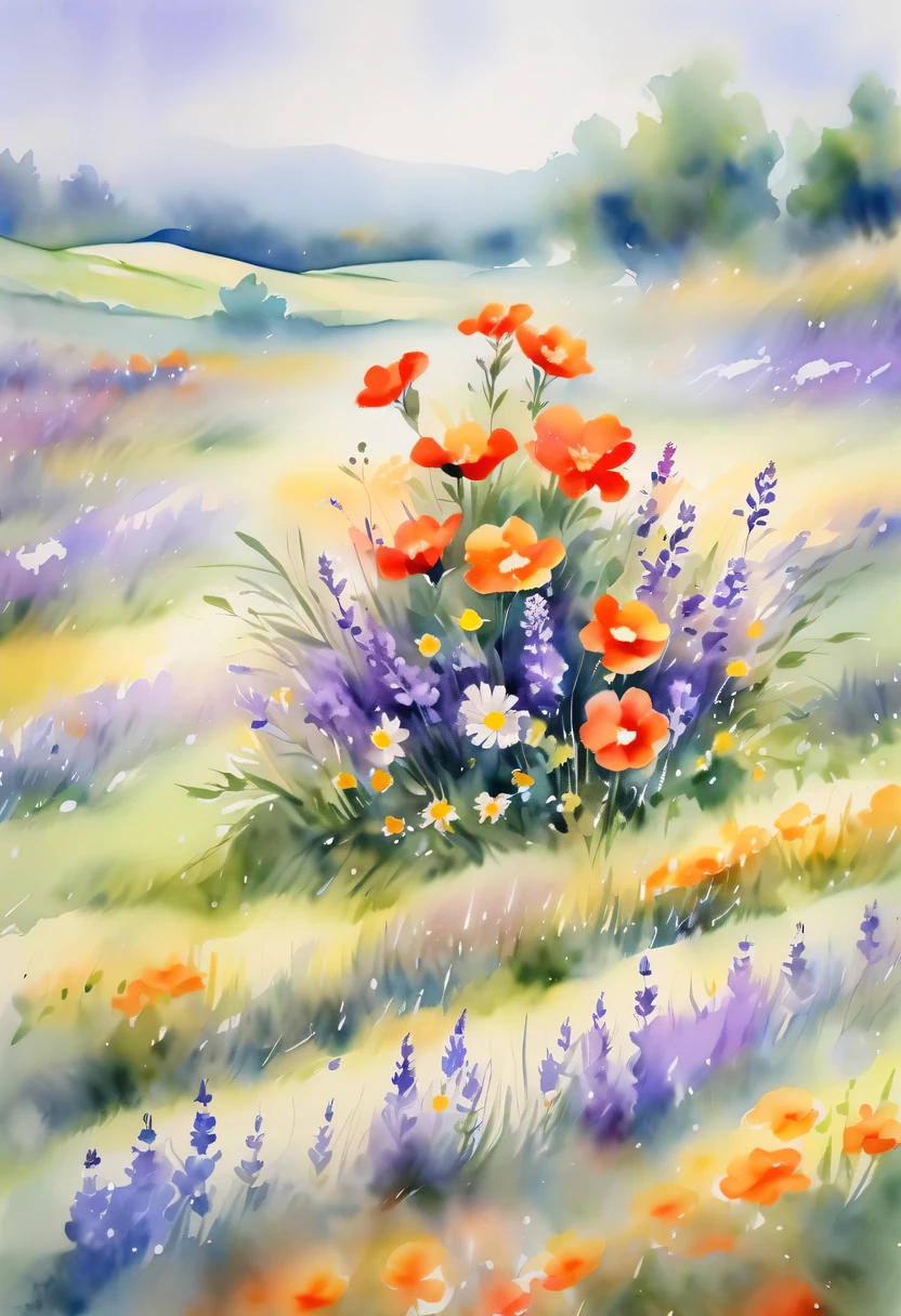 watercolor painting， flowers，There are many wild flowers in the fields，Lavender