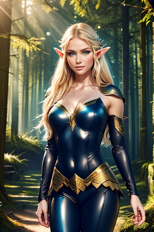 medieval setting, full view of body, (detailed elf ear, 1 woman, elven featured face, beautiful green eyes, blonde hair), leather armor, black leather pants,