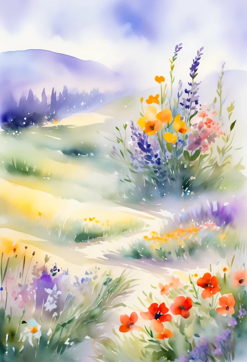 watercolor painting, flowers,There are many wild flowers in the fields,Lavender