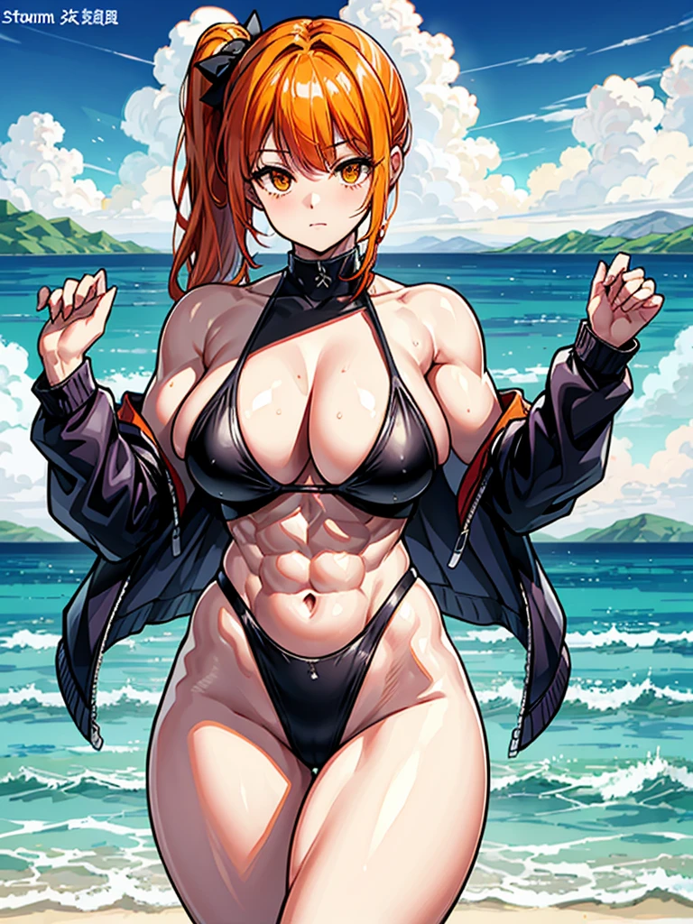 （（（masterpiece、Highest image quality、highest quality、highly detailed unity 8ｋwallpaper）））、（（Illustration of one girl））、（（（beautiful girl）））、（（orange hair、side ponytail、sidelocks：1.6、orange eyes））、（（（stocky build：1.5, thickset physique：1.6, muscular legs, broad shoulders：1.6, solid chest：1.5）））、swimsuit、sandy beach