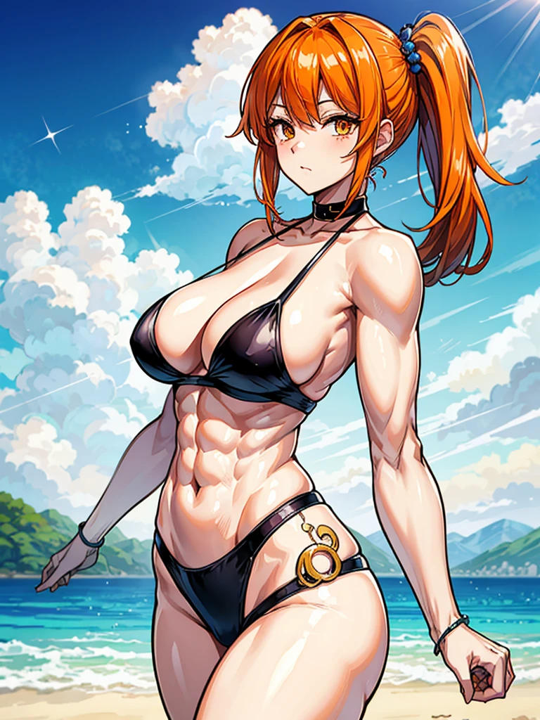 （（（masterpiece、Highest image quality、highest quality、highly detailed unity 8ｋwallpaper）））、（（Illustration of one girl））、（（（beautiful girl）））、（（orange hair、side ponytail、sidelocks：1.6、orange eyes））、（（（stocky build：1.5, thickset physique：1.6, muscular legs, broad shoulders：1.6, solid chest：1.5）））、swimsuit、sandy beach