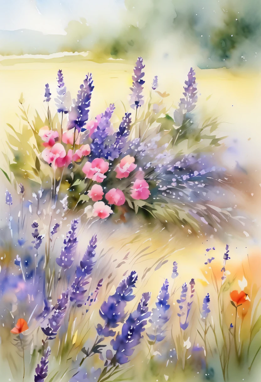 watercolor painting, flowers,There are many wild flowers in the fields,Lavender