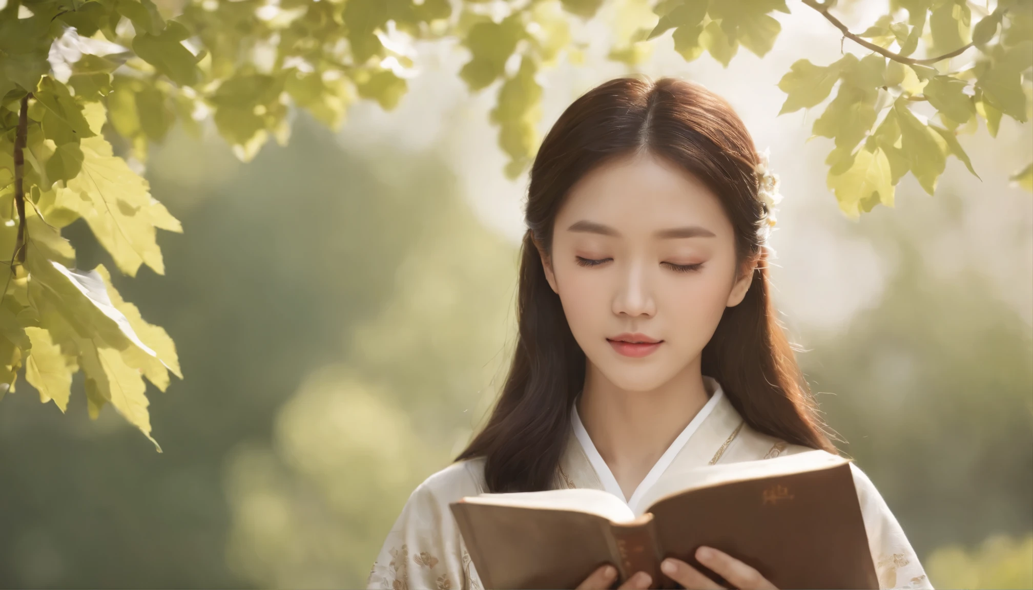 (best quality,Super detailed,realistic:1.37),portrait,Korean man and woman read bible,painting,Traditional Korean costumes,Peaceful garden scene,soft sunshine,calm expression,wisdom,bible quotes,bright colors,delicate brushstrokes,subtle texture,Lush green plants,a contemplative atmosphere,Beautiful picture book,Prominent features:eyes focus,gentle smile,elegant gesture,The sun shines through the trees,Rays,Quiet environment,peaceful atmosphere,Moments of happiness