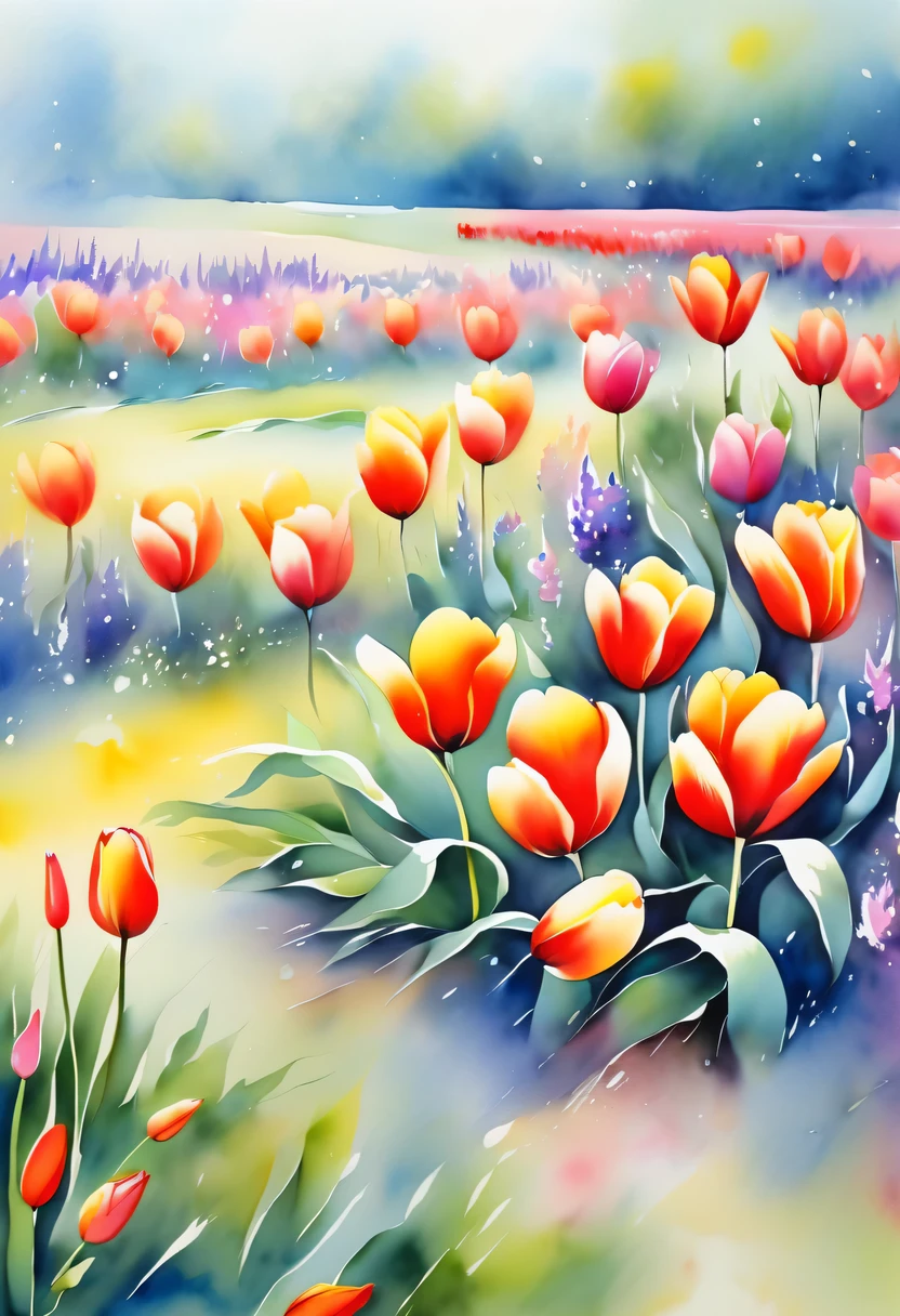 watercolor painting, flowers,There are many wild flowers in the fields,tulip