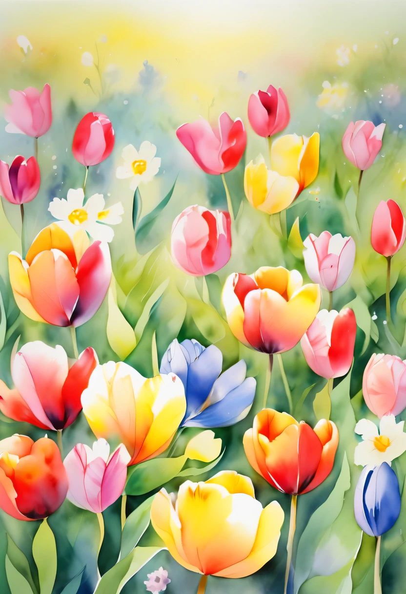 watercolor painting, flowers,There are many wild flowers in the fields,tulip