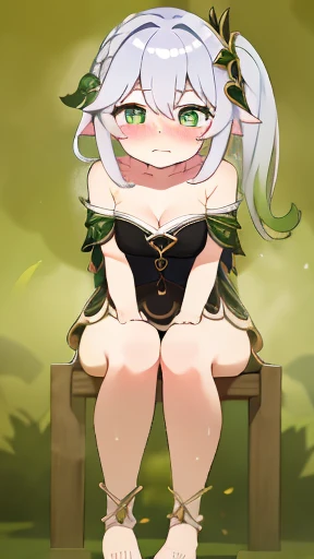 masterpiece、best quality、Exquisite、High resolution、extremely delicate and beautiful、(gray hair)、close up shot、(green eyes)、(sweaty)、red face、cleavage、off shoulder attire,full body photo,perfect body,woman stinks、fart、shyness、blush、Gas comes out of the butt
