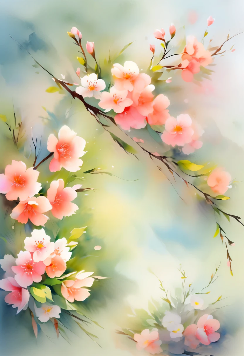 watercolor painting, flowers,There are many wild flowers in the fields,peach blossom