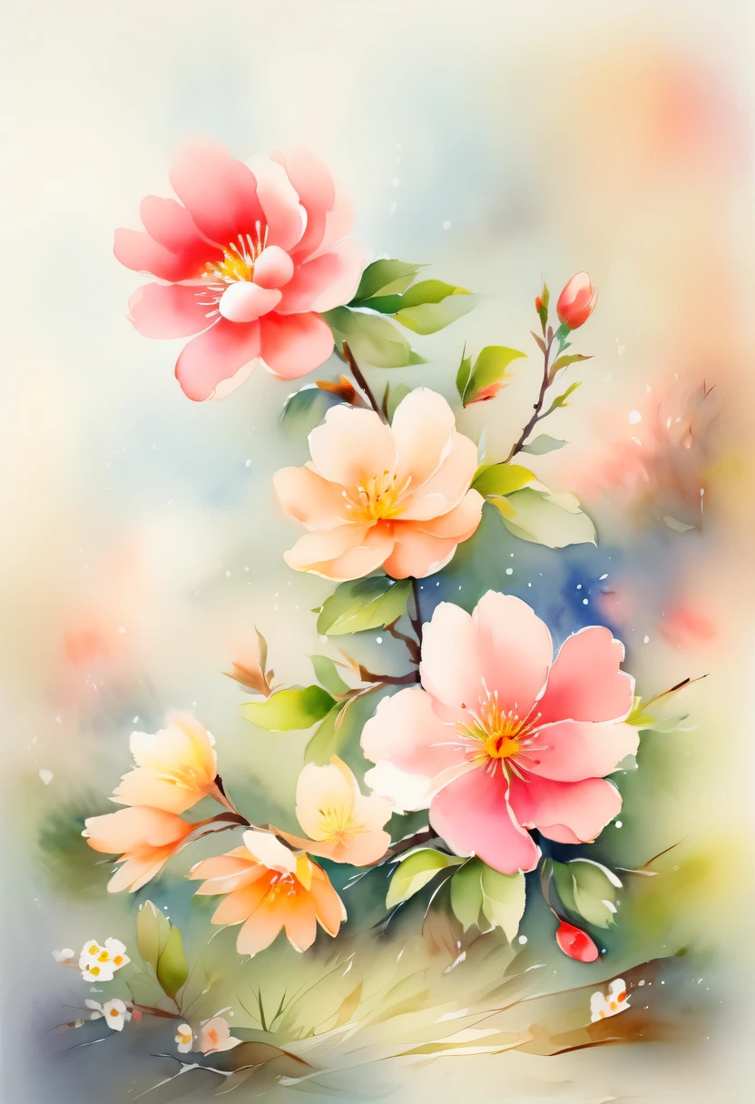 watercolor painting, flowers,There are many wild flowers in the fields,peach blossom