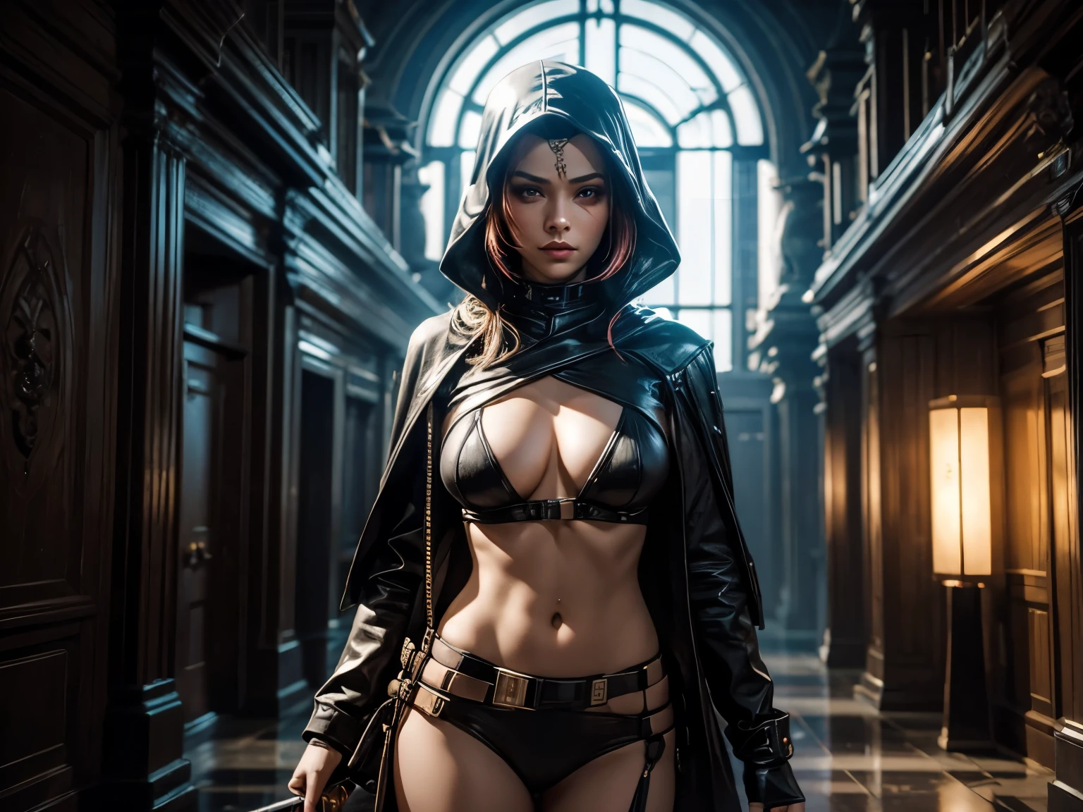 (best quality), (perfect body), (perfect face), (1girl), (night sister), a sexy Sith Lord with a blood red lightsaber holding it by her face, standing in the halls of a futuristic temple, HDR, 4K, 3D.