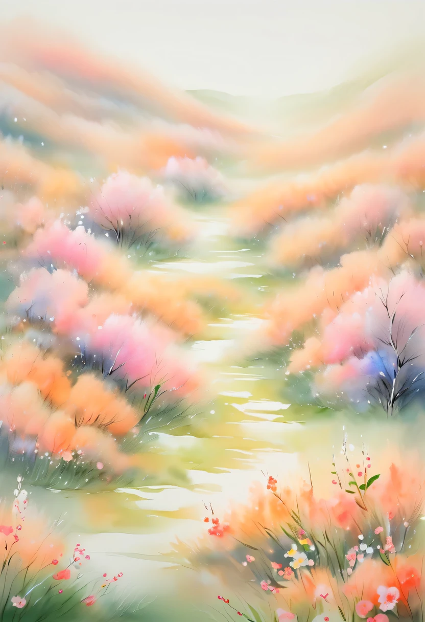 watercolor painting, flowers,There are many wild flowers in the fields,peach blossom