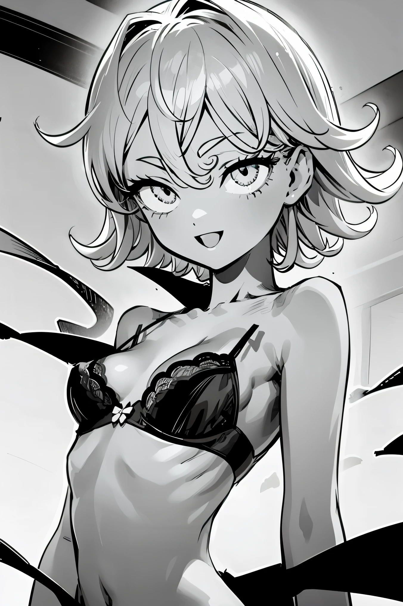 iom, 1girl, solo, short hair, open mouth, monochrome, greyscale, small breasts, curly hair, looking at viewer, (detailed eyes), white background, (((lingerie))), smile, bra