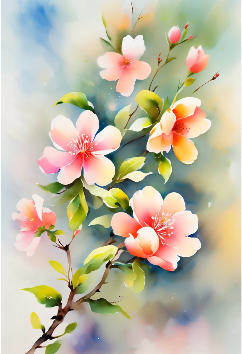 watercolor painting, flowers,There are many wild flowers in the fields,peach blossom