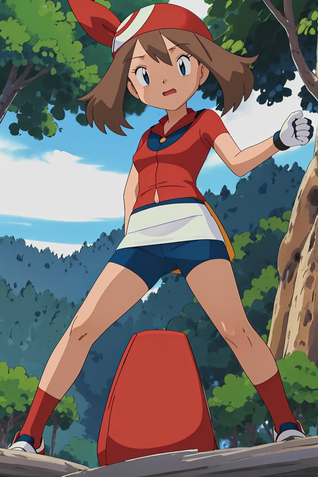 masutepiece, Best Quality, hight resolution, Outdoors, 1girl in, Solo, May (A pokémon), bandana, (((Red Shirt))), (forrest:1.1),(((Navy blue shorts spats))), (((White mini skirt))), small breasts, looking down, from below, spread legs,embarrassed 