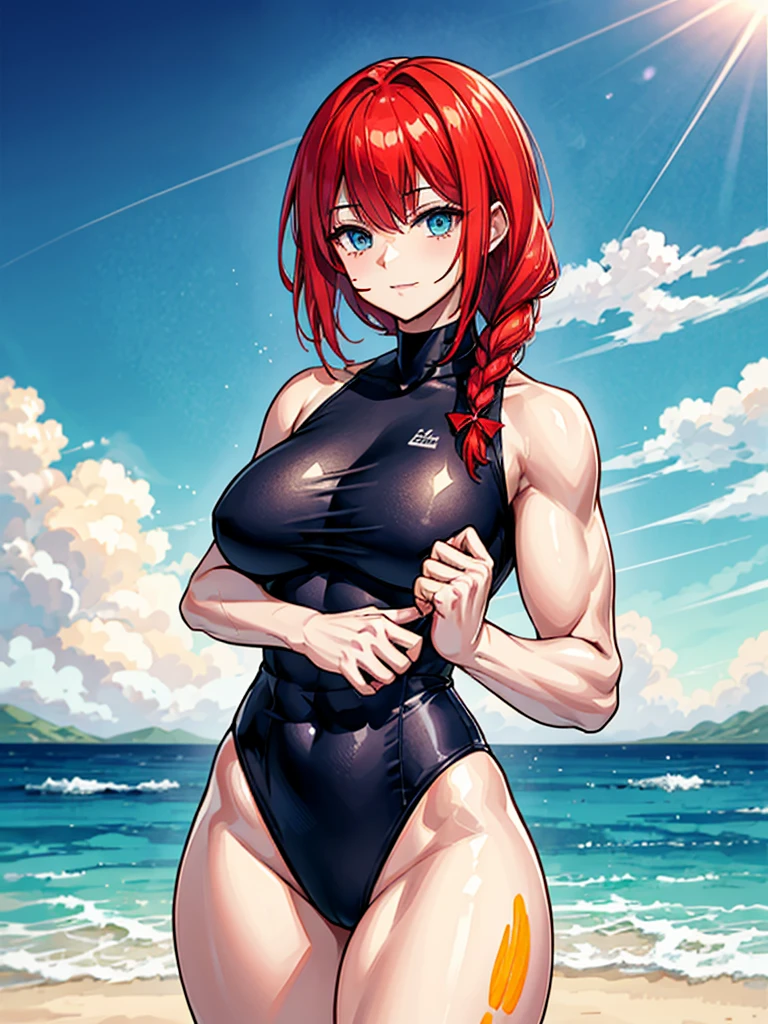 （（（masterpiece、Highest image quality、highest quality、highly detailed unity 8ｋwallpaper）））、（（Illustration of one girl））、（（（beautiful girl）））、（（red hair、Braid、sidelocks：1.2、blue eyes））、（（（stocky build：1.2, thickset physique：1.3, muscular legs, broad shoulders：1.3, solid chest：1.2）））、swimsuit、sandy beach