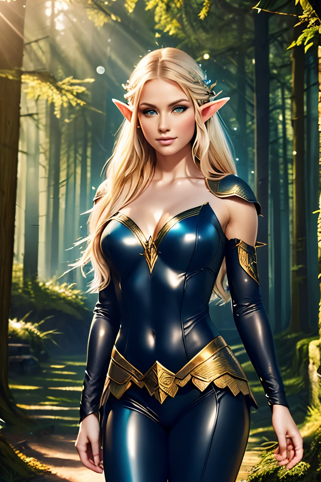 medieval setting, full view of body, (detailed elf ear, 1 woman, elven featured face, beautiful green eyes, blonde hair), leather armor, black leather pants, 