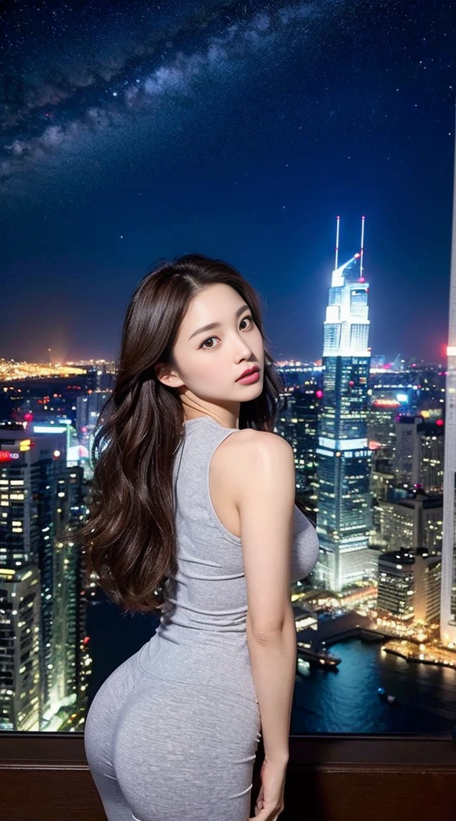 dark brown hair、light brown eyes、Japanese actress face、 Lady、looks like him;I'm about 40 years old、(intricate details:1.2)、(highest quality:1.4)、 (ultra high resolution:1.2)、ultra high resolution、(detailed eyes)、(detailed facial features)、ticker、8K resolution、D cup size breasts、long hair、luxurious space、A fitness gym with a night view of Singapore、Against the backdrop of a beautiful night view、dazzling night view、full body photo、Photographed from head to toe、Look at the night view and look back at me、An expression that seems to have lost its power、beautiful legs、Gym Wear、fitness wear、