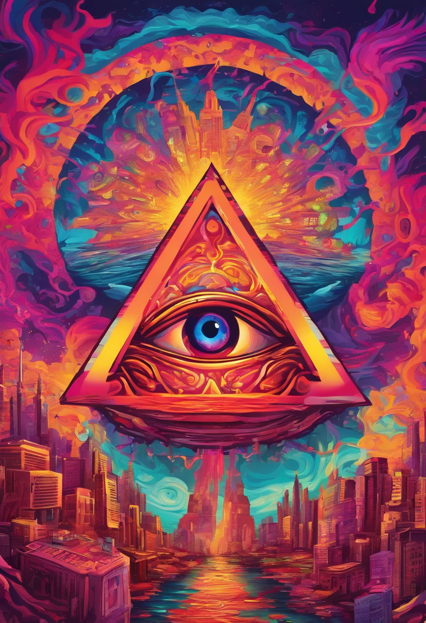 Illuminati eye floating above a dystopian city, the eye is bleeding, 4k, HD, detailed quality