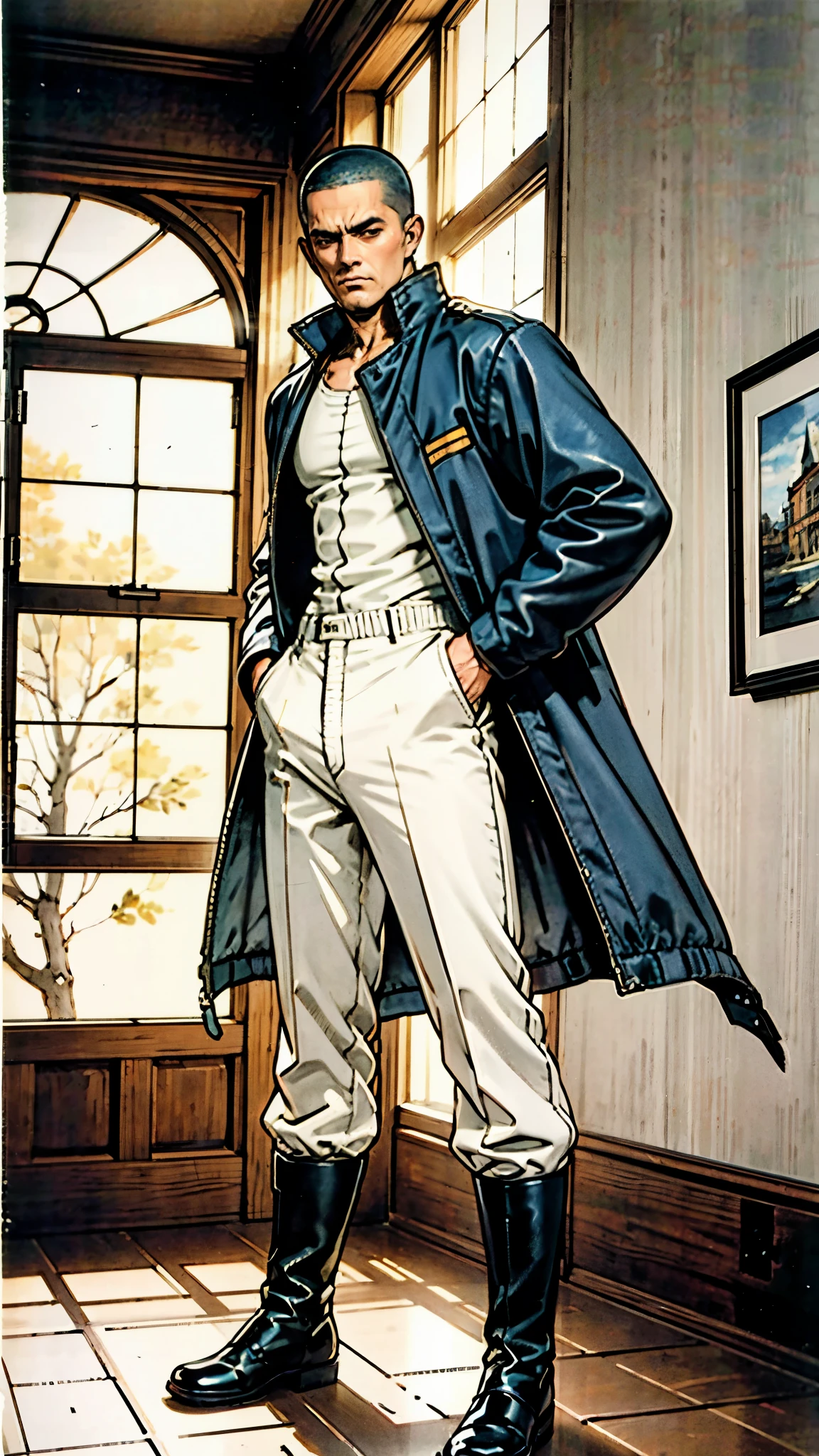 In the backdrop of an ancient fantasy-reality setting, a youth sporting a platinum crew cut displays a piercing gaze and confident demeanor. Adorned in a two-piece fusion outfit, seamlessly blending Western and Eastern influences, he wears a snug dark top paired with a vibrant yellow-blue short jacket. The lower half features loose white utility pants, and his sturdy long boots echo through the corridors of an antiquated architectural landscape. The overall aesthetic captures the essence of a refined and mature anime-inspired rogue, symmetrical face, extremely detailed eyes and face, high quality eyes, high definition, highres, ultra-fine painting, exquisite and mature, extremely delicate, professional, anatomically correct, creativity, UHD, HDR, 32k, Natural light, cinematic lighting, best shadow, masterpiece-anatomy-perfect, best quality, masterpiece, ultra-detailed