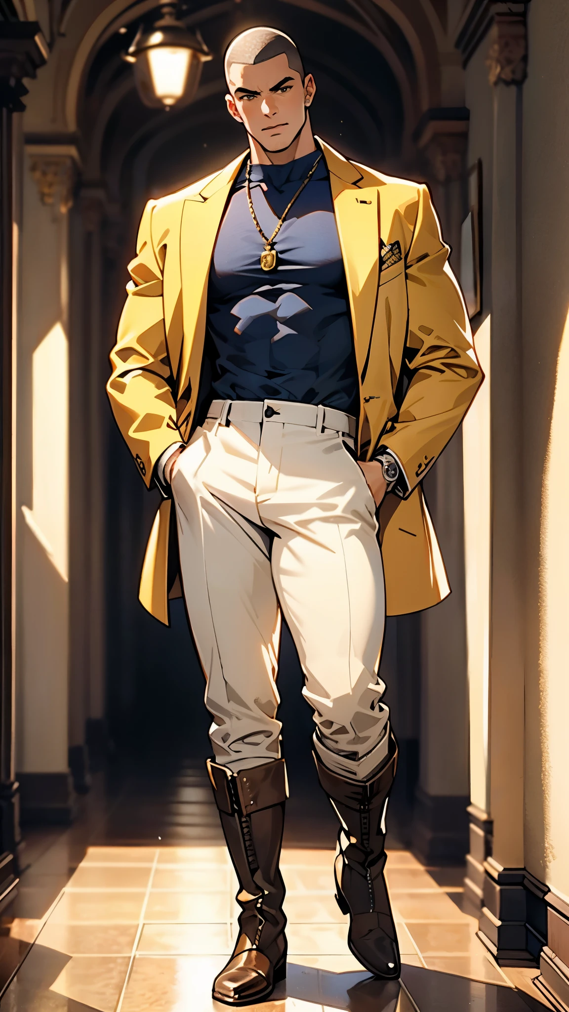 In the backdrop of an ancient fantasy-reality setting, a youth sporting a platinum crew cut displays a piercing gaze and confident demeanor. Adorned in a two-piece fusion outfit, seamlessly blending Western and Eastern influences, he wears a snug dark top paired with a vibrant yellow-blue short jacket. The lower half features loose white utility pants, and his sturdy long boots echo through the corridors of an antiquated architectural landscape. The overall aesthetic captures the essence of a refined and mature anime-inspired rogue, symmetrical face, extremely detailed eyes and face, high quality eyes, high definition, highres, ultra-fine painting, exquisite and mature, extremely delicate, professional, anatomically correct, creativity, UHD, HDR, 32k, Natural light, cinematic lighting, best shadow, masterpiece-anatomy-perfect, best quality, masterpiece, ultra-detailed