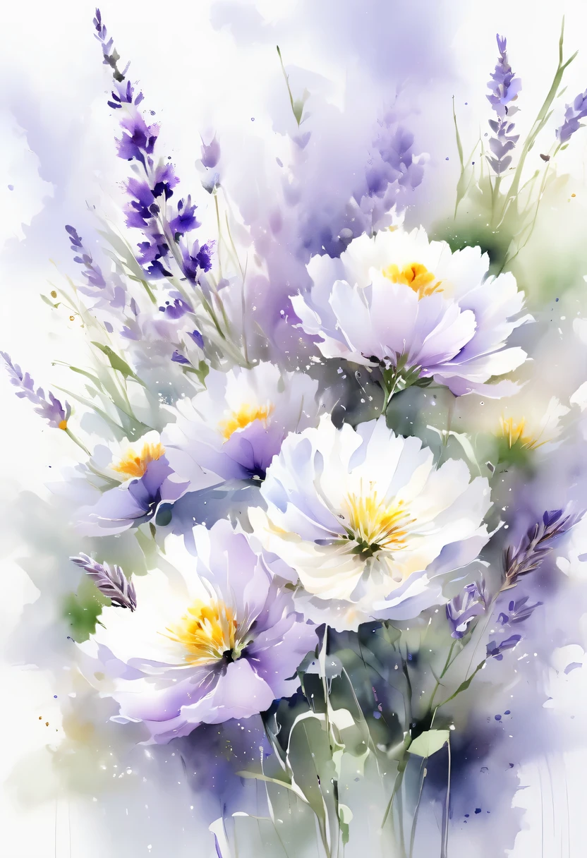 This watercolor flower painting presents an elegant and fresh visual effect。Wildflower and lavender fields,Forming the perfect combination of nature and romance。The screen is dominated by a white background,Highlight isolated watercolor flower。Splash technology recreates wet conditions,The atmosphere seems vague and dreamy。Unique composition and abstract expression add to the artistic feel of the picture,Contains elements of surrealism。The overall color tone is mainly light tones,Lilac and green complement each other beautifully,Show high-resolution details。The splash-ink effect adds a touch of agility to the picture,The light color gives the flowers a deep and restrained beauty.。