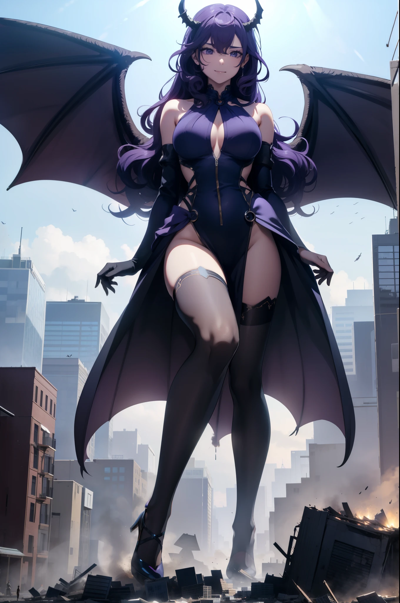 Aerial View，Giant girl 50,000 feet tall，Have a pair of long legs，Possessing a pair of huge demon wings，Has purple waist-length hair，Loose hair，Wearing a pair of Mary Jane shoes，Purple curly hair，A look of enjoyment，Standing tall on a destroyed city，Beautiful appearance，Exquisite makeup，quality，8k，high quality，(governor:1.5)，perfect proportions, Cinema lighting，film grain，Fuji colors，8k，textured skin，Super details，high detail，high quality，high resolution，explode，fake smile，black stockings，blood stains，脚底有blood stains