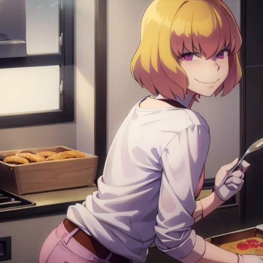 woman around twenty years old, with short blonde hair and delicate features, giving her a cat-like appearance. Cooking, looking back 
Smiling,white shirt ,pink shorts