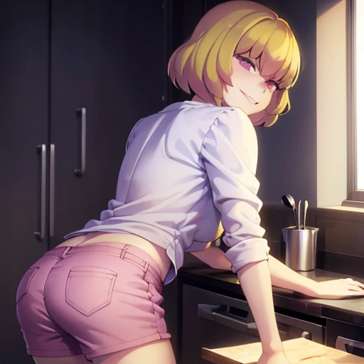 woman around twenty years old, with short blonde hair and delicate features, giving her a cat-like appearance. Cooking, looking back 
Smiling,white shirt ,pink shorts