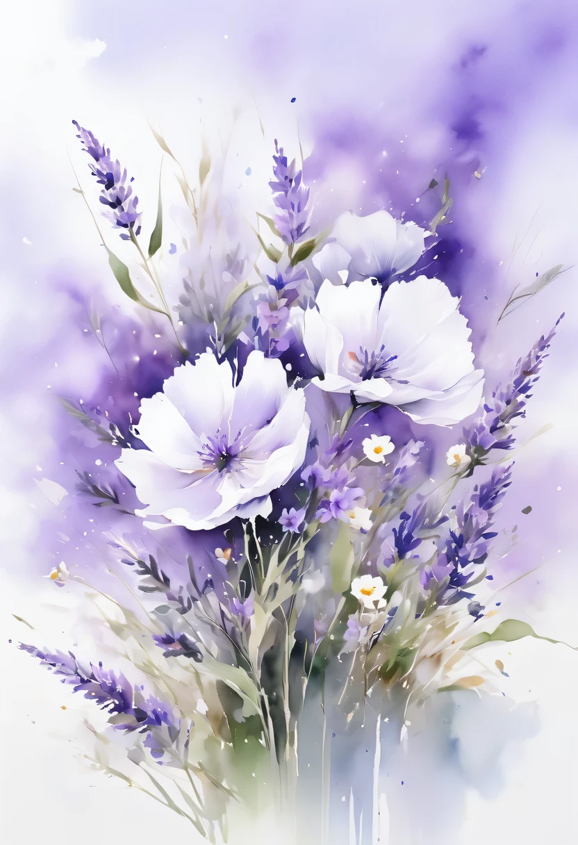 This watercolor flower painting presents an elegant and fresh visual effect。Wildflower and lavender fields,Forming the perfect combination of nature and romance。The screen is dominated by a white background,Highlight isolated watercolor flower。Splash technology recreates wet conditions,The atmosphere seems vague and dreamy。Unique composition and abstract expression add to the artistic feel of the picture,Contains elements of surrealism。The overall color tone is mainly light tones,Lilac and green complement each other beautifully,Show high-resolution details。The splash-ink effect adds a touch of agility to the picture,The light color gives the flowers a deep and restrained beauty.。