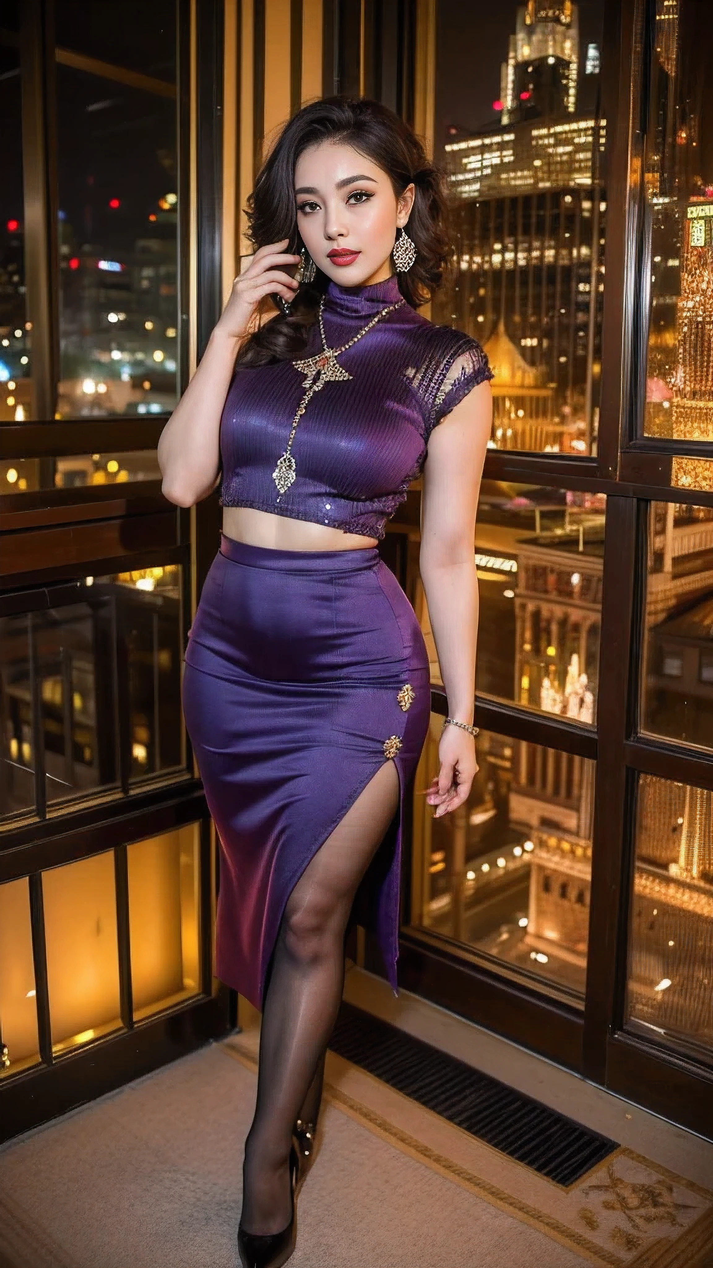 8K, best qualtiy, masterpiece, photograph realistic, Hide your face with happiness, , Lace, acmm ss outfit, wearing acmm top, light purple acmm top, short sleeves, buttons, wearing acmm long skirt, white and pink with printed acmm long skirt, whole body, undergarments, exposed bare shoulders, do lado de fora, outside, Covered with snow, cloaks, high high quality, Adobe Lightroom, highdetailskin, looking at viewert,(NSFW:1.3),(Full Body),(cute face:1.3),(huge breasts:1.3),(high-heels:1.3),(big hips:1.3),(medium thighs:1.3),(Random Dresses:1.3),(breasts slightly exposed:1.3),(cleavage of the breast:1.3),(lipgloss:1.3),(Lace:1.3),