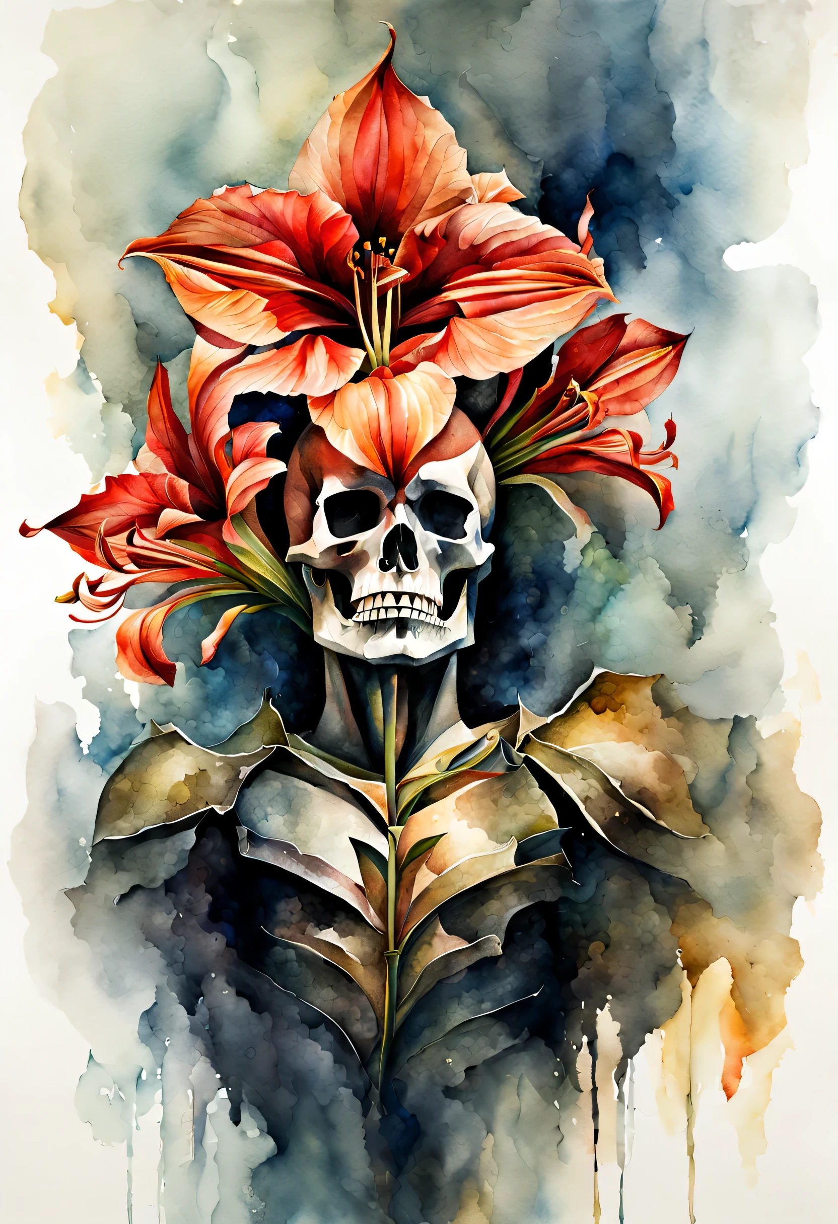 stunning watercolor masterpiece, dignified face prepared for death, featuring a collaboration between a temple-knight and a cluster amaryllis, capturing the essence of both strength and beauty, aesthetics of death, visually striking watercolor rendering, bold dynamic to delicate intricate, surreal portraits, cinematic angle, best quality,