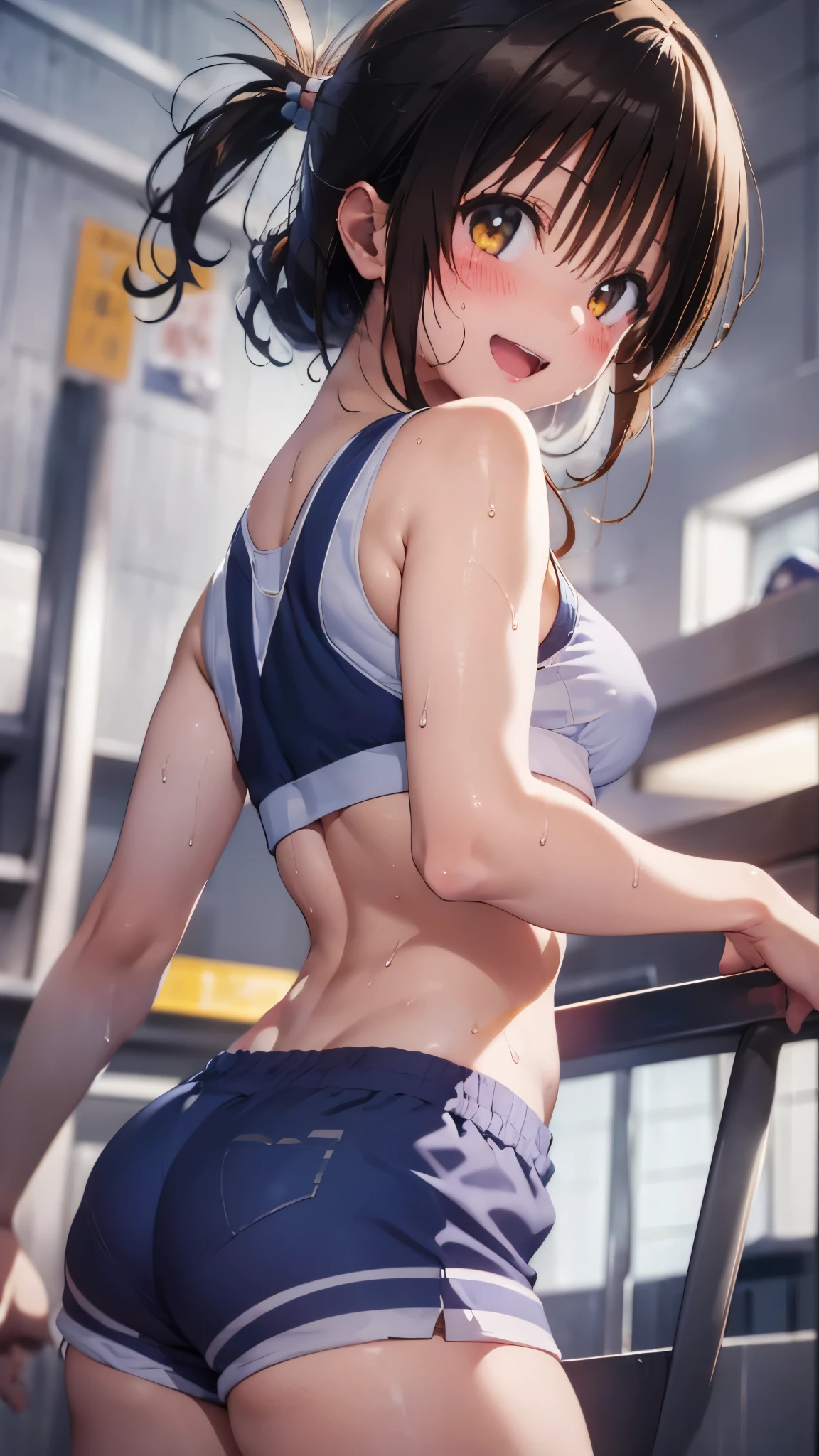 1 female,black hair,(()),(((White and blue sports bra and shorts)))(((blush、open mouth smile)),(((Yuki Mikan))),crowd(Baby girl bohape)(((small breasts)))Look back and look back,((wet with sweat))Outside playground,Mansuji