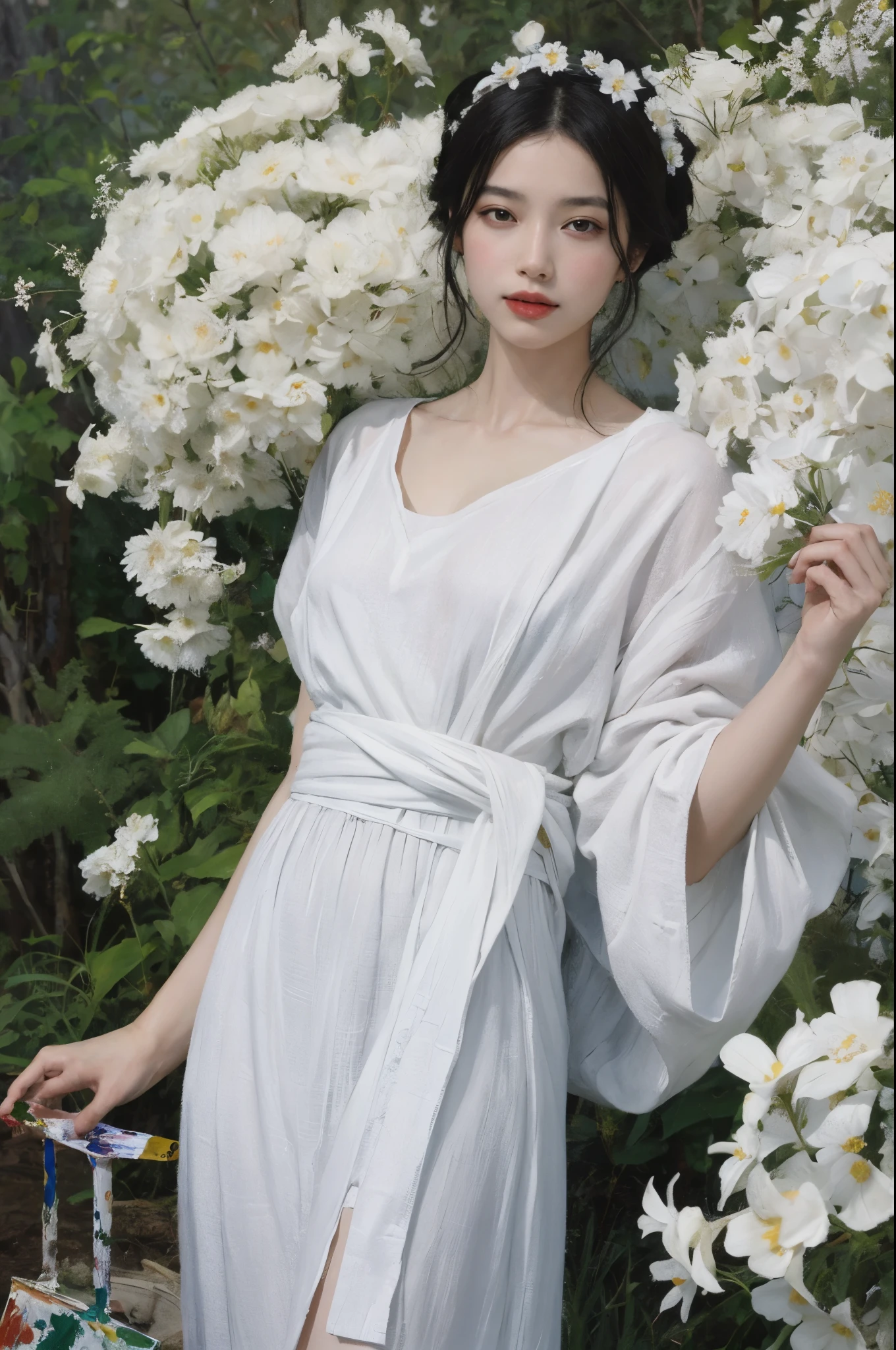 (painting:1.5), \\ One with black hair、Woman with white flowers in her hair lies in a field of white flowers, (Amy Saul:0.248), (Liu Stanley:0.106), (a detailed painting:0.353), (gothic art:0.106)
