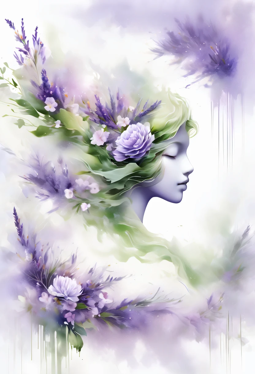 This watercolor flower painting presents an elegant and fresh visual effect。Wildflower and lavender fields,Forming the perfect combination of nature and romance。The screen is dominated by a white background,Highlight isolated watercolor flower。Splash technology recreates wet conditions,The atmosphere seems vague and dreamy。Unique composition and abstract expression add to the artistic feel of the picture,Contains elements of surrealism。The overall color tone is mainly light tones,Lilac and green complement each other beautifully,Show high-resolution details。The splash-ink effect adds a touch of agility to the picture,The light color gives the flowers a deep and restrained beauty.。