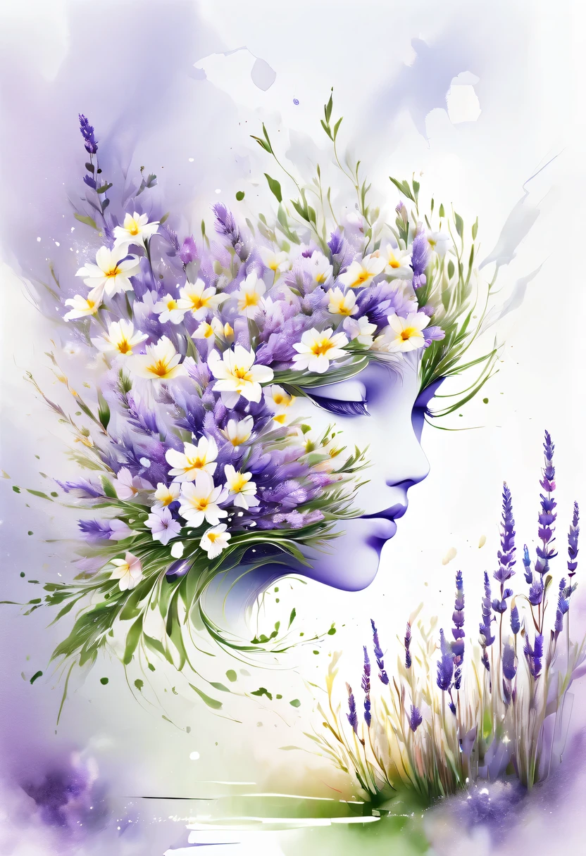 This watercolor flower painting presents an elegant and fresh visual effect。Wildflower and lavender fields，Forming the perfect combination of nature and romance。The screen is dominated by a white background，Highlight isolated watercolor flower。Splash technology recreates wet conditions，The atmosphere seems vague and dreamy。Unique composition and abstract expression add to the artistic feel of the picture，Contains elements of surrealism。The overall color tone is mainly light tones，Lilac and green complement each other beautifully，Show high-resolution details。The splash-ink effect adds a touch of agility to the picture，The light color gives the flowers a deep and restrained beauty.。