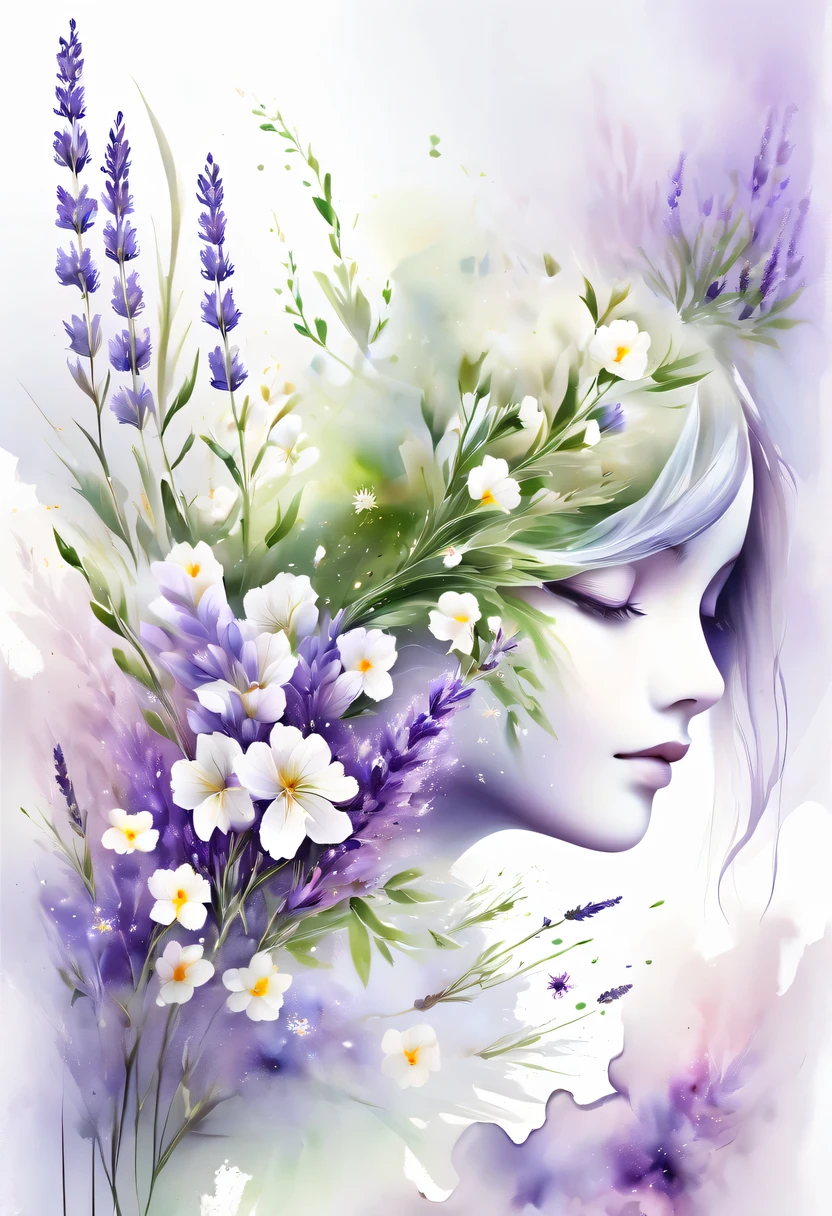 This watercolor flower painting presents an elegant and fresh visual effect。Wildflower and lavender fields，Forming the perfect combination of nature and romance。The screen is dominated by a white background，Highlight isolated watercolor flower。Splash technology recreates wet conditions，The atmosphere seems vague and dreamy。Unique composition and abstract expression add to the artistic feel of the picture，Contains elements of surrealism。The overall color tone is mainly light tones，Lilac and green complement each other beautifully，Show high-resolution details。The splash-ink effect adds a touch of agility to the picture，The light color gives the flowers a deep and restrained beauty.。