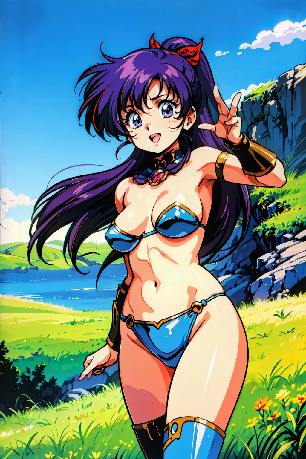 "(masterpiece:1.1), best quality,
1girl, (traditional media 80s:1.4), (eyelashes:1.5), (:1.2),
(intricate high detailed body:1.2),
(purple hair:1.1), (forehead, hair slicked back:1.2), (long hair, drill hair:1.2), (hair ribbon:1.1),
purple eyes, (lip stick:1.2),
(pale skin:1.2), (gigantic breasts:1.5),
(grin:1.2), open mouth,
(strapless bikini armor:1.2), (knight armor, armored boots:1.2),
(streaked hair:1.2), neckwear,
standing, (dynamic pose, action pose:1.2),
(upper body, cowboy shot, looking at viewer:1.1),
(daytime, grassland, outdoors:1.1)"