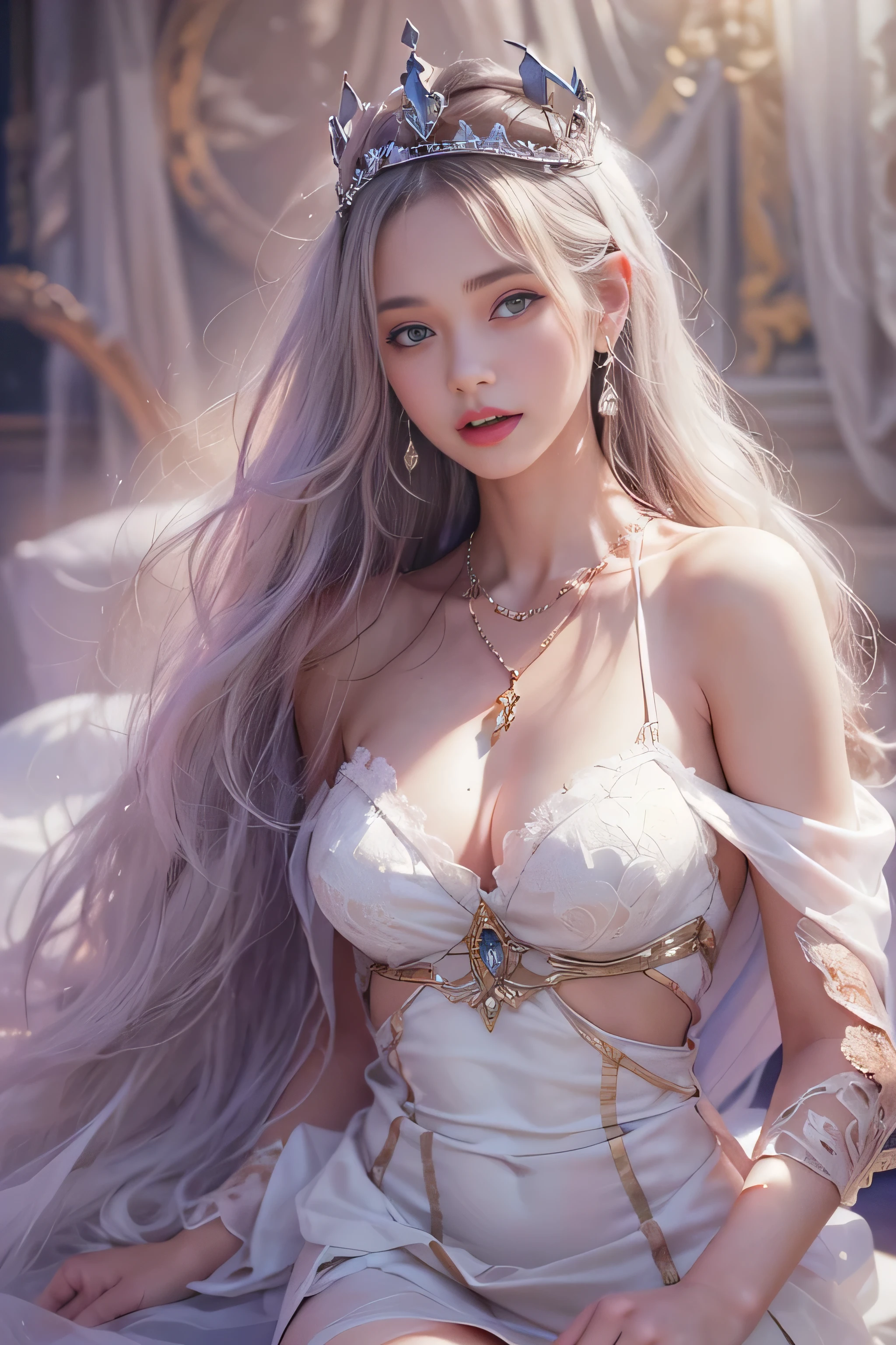 ((masterpiece:1.4)、(highest quality:1.4)、(realistic:1.7))、Written by Luis Royo(Written by Luis Royo)Surreal portrait of a beautiful girl、super beautiful girl、((1 girl:1.4))、Radiant natural skin texture、(The Queen's Gorgeous Costume)、((Sheer off-the-shoulder white one-piece mini skirt type:1.4))、((Panty shot)),authority luis royo(Written by Luis Royo)、19 years old、(upper arm:1.4、two legs:1.4)、(perfect anatomy:1.4)、(perfect female body:1.4)、girl portrait、close、upper body shot、fantasy art、soft front light、beautiful expression、cute face beautiful、big and full breasts:1.2、beautiful butt、fine eyes、Clearly eye-catching, beautiful and attractive、beautiful eyes、tight waist、born、red rift、Arrange your long hair as cool as a queen、(tiara crown:1.4、チョーカーnecklace:1.4、necklace:1.4、ear nipple rings:1.4)、1 screen display、((Woman crawling on all fours on a silk bed)),((Translucent off-shoulder white dress))、((laughter)),((Rear view))、((look back))、((You can see her white thong pants)),(()),